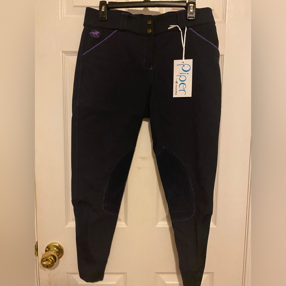 Piper Evolution Breeches, Knee Patch, Mid-Rise, 32R, NWT, Navy with purple